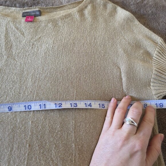 Vince Camuto Gold Metallic Lurex Sweater Women Sz S Ribbed Bell Sleeve Boat Neck - Picture 13 of 15